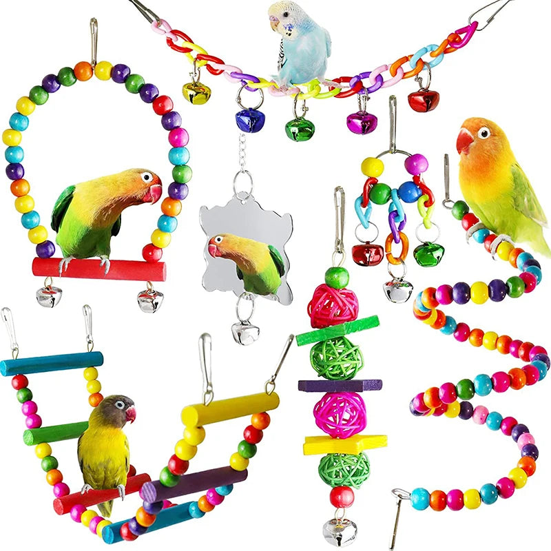 7-Piece Natural Wood Bird Toy Set