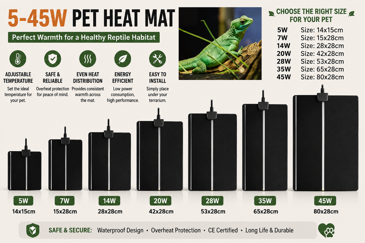 Adjustable Reptile Heat Mat with Temperature Control